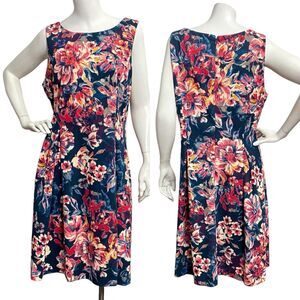 Chelsea Rose Dress Fit & Flare Pleats Navy Multicolor Floral Stretch Women Sz 12